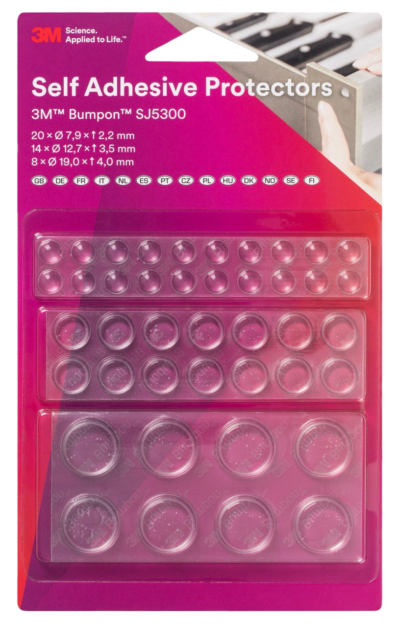 3M™ Bumpon™ Self Adhesive Protectors SJ5300, Transparent, 42 Pieces/Blister, Mix of 20 x SJ5302, 14 x SJ5312, 8 x SJ5344